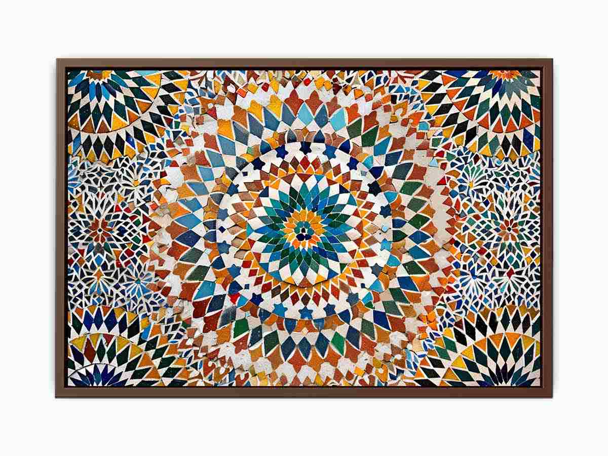 Colorful Moroccan mosaic canvas art with geometric tile pattern for dining room decor.