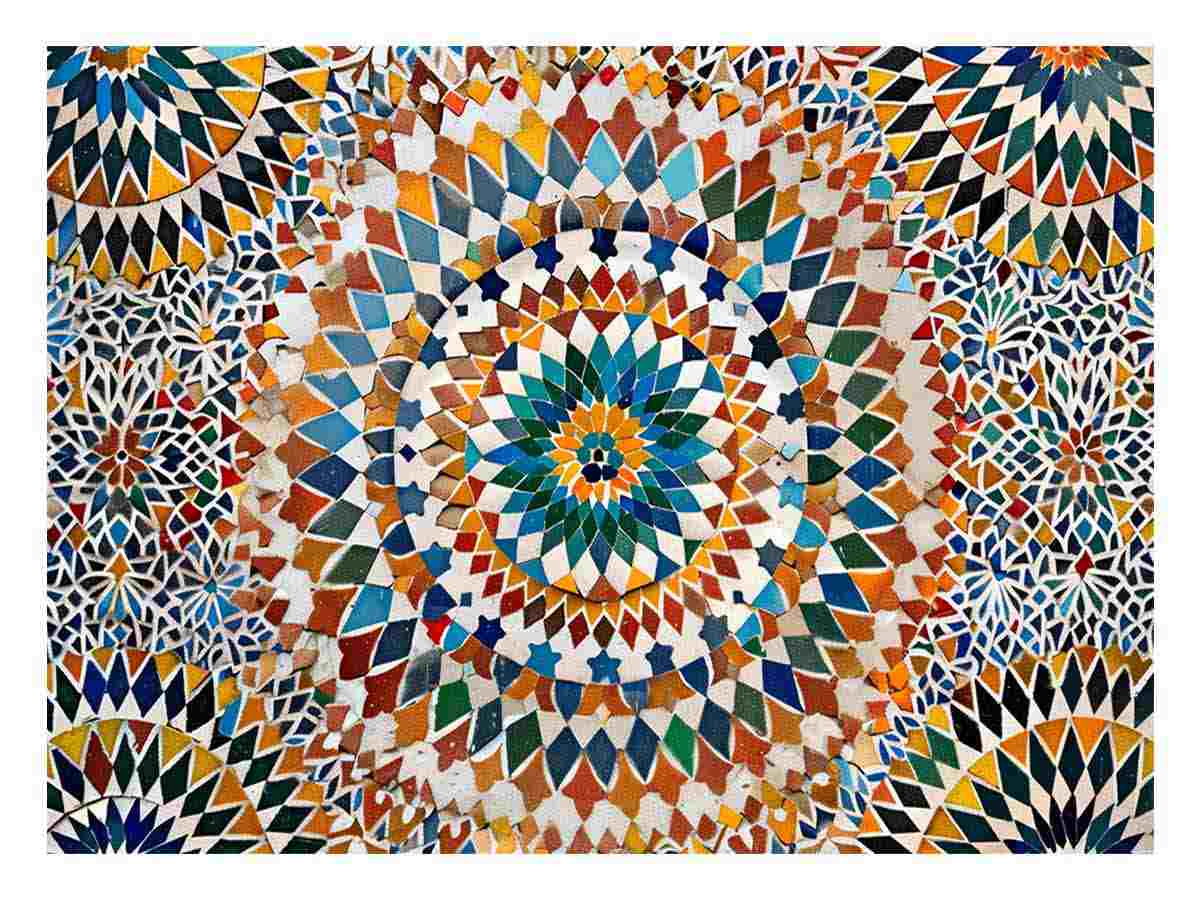 Colorful Moroccan mosaic canvas art with geometric tile pattern for dining room decor.