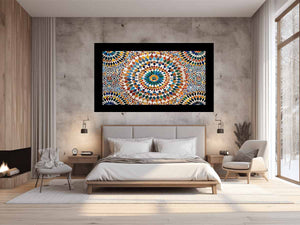 Colorful Moroccan mosaic canvas art with geometric tile pattern for dining room decor.