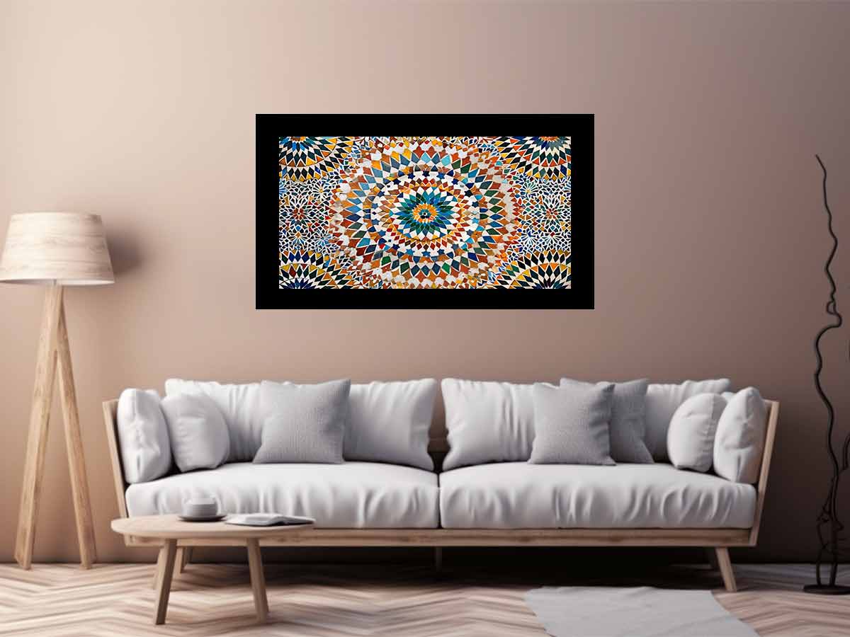 Colorful Moroccan mosaic canvas art with geometric tile pattern for dining room decor.