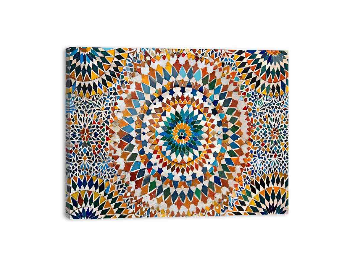 Colorful Moroccan mosaic canvas art with geometric tile pattern for dining room decor.
