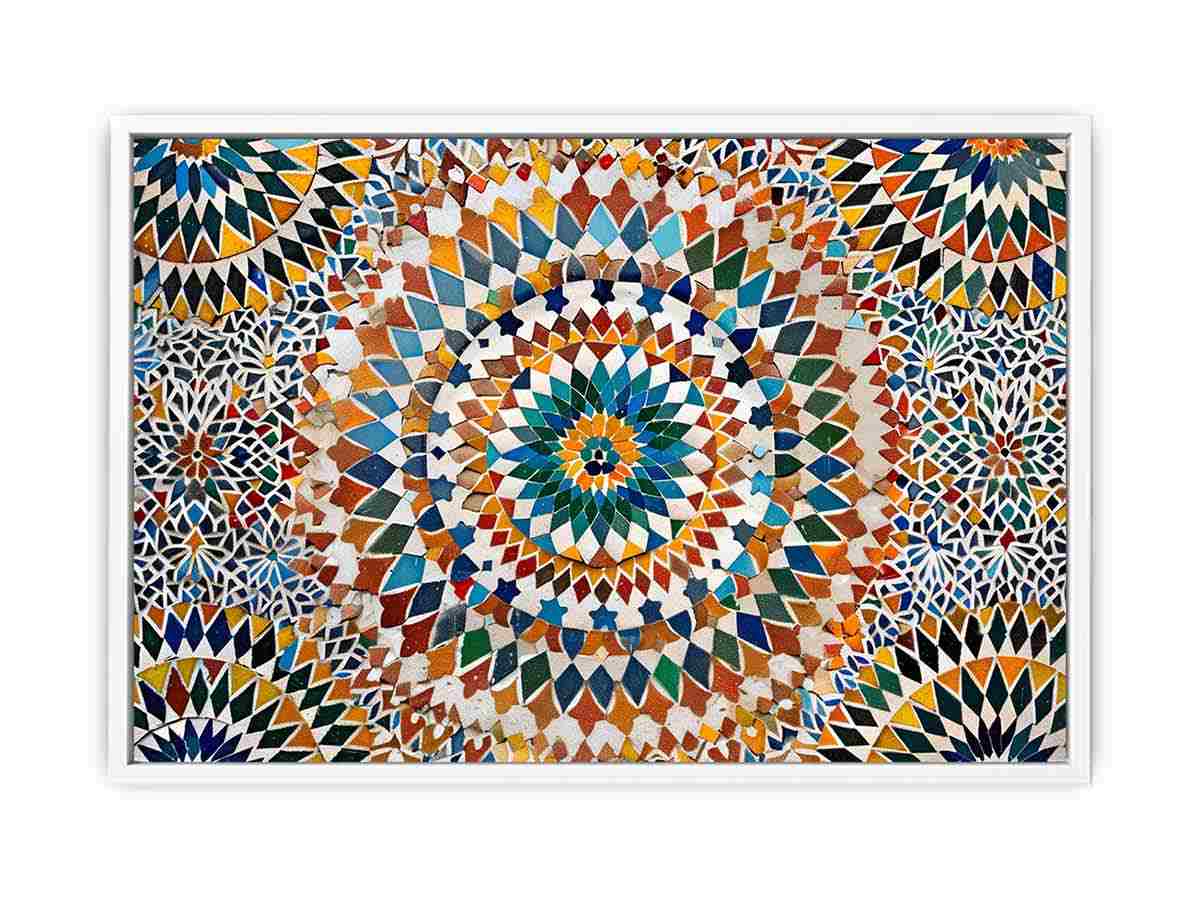 Colorful Moroccan mosaic canvas art with geometric tile pattern for dining room decor.
