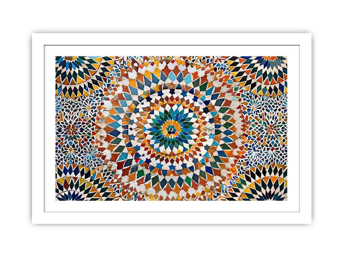 Colorful Moroccan mosaic canvas art with geometric tile pattern for dining room decor.