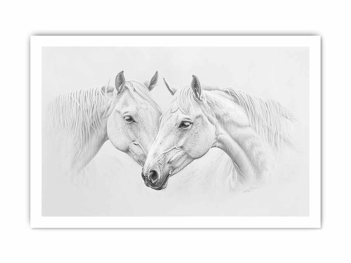 Two white horses pencil drawing canvas art for calm farmhouse living room decor.