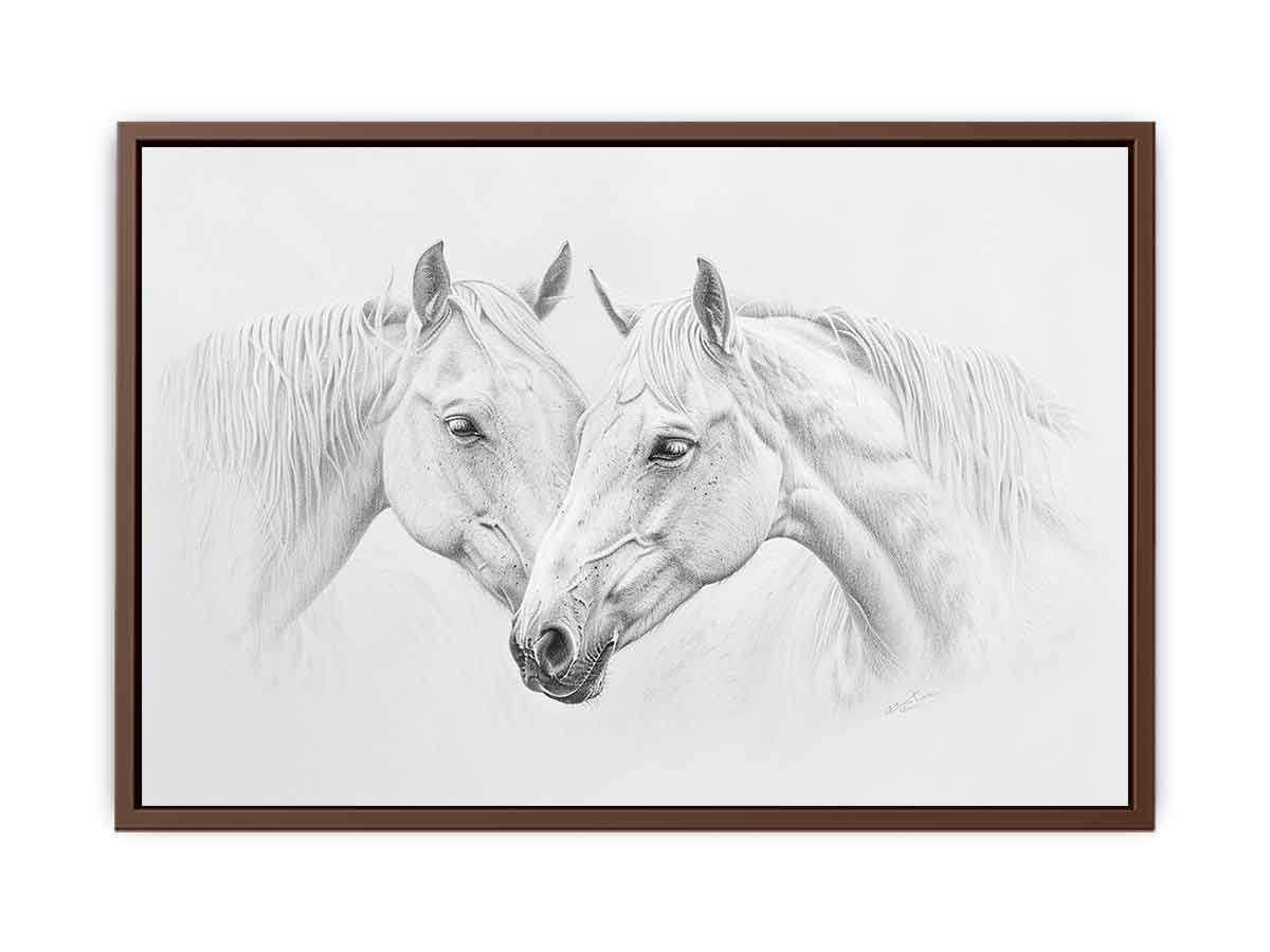 Two white horses pencil drawing canvas art for calm farmhouse living room decor.