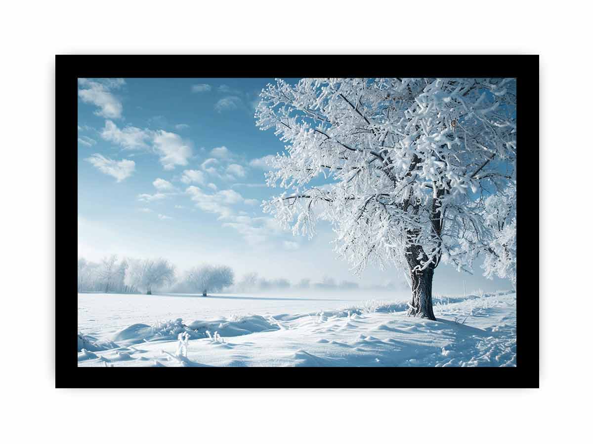 Snowy winter tree landscape canvas art for serene blue and white living room decor.