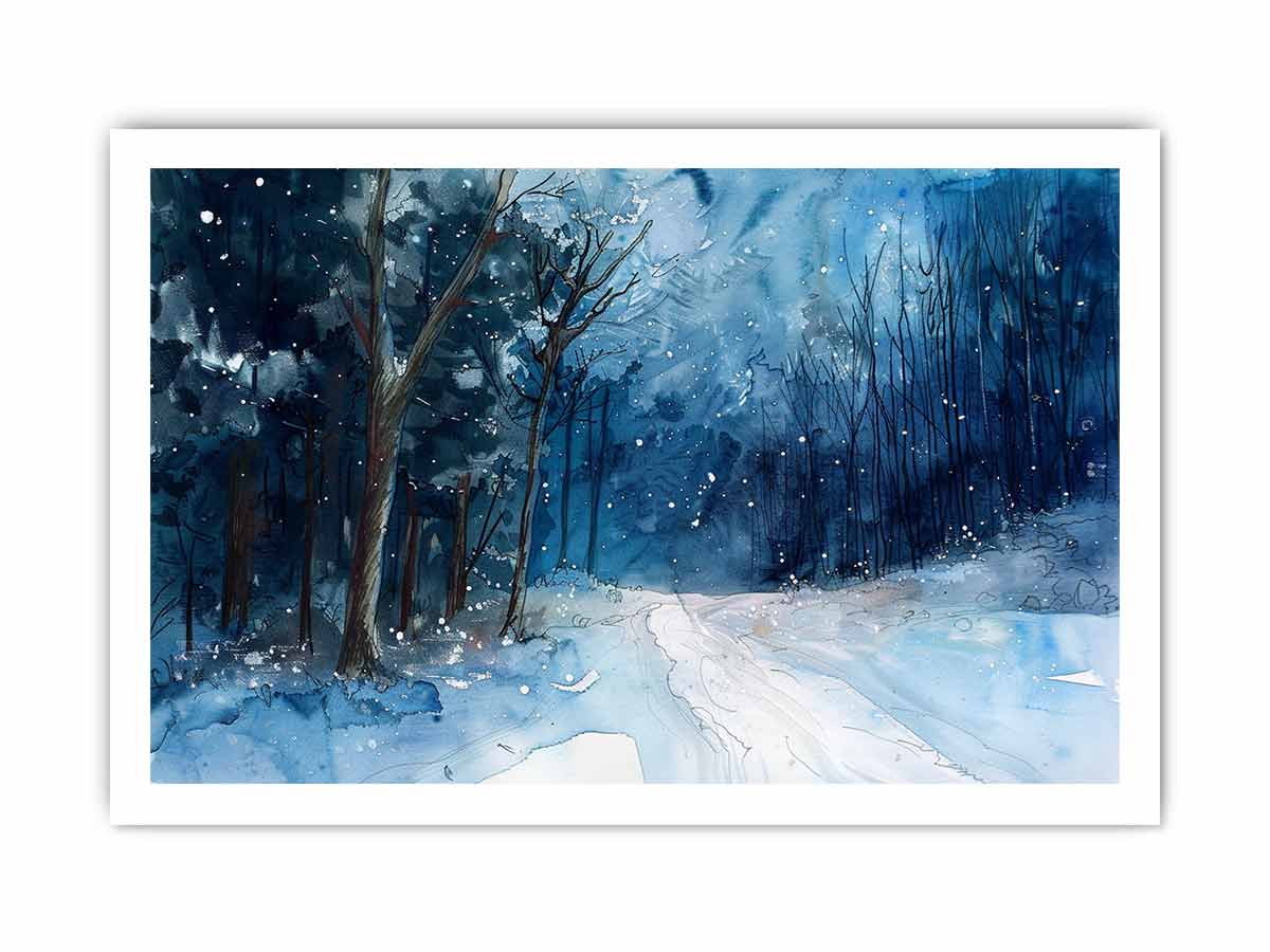 Dark blue snowy forest path watercolor canvas art for moody winter room decor.