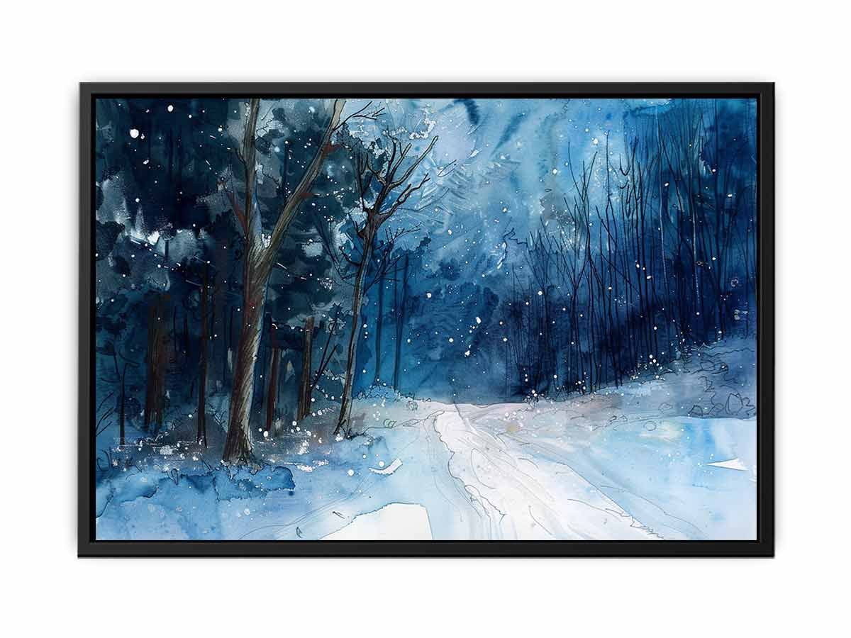 Dark blue snowy forest path watercolor canvas art for moody winter room decor.