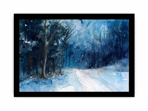 Dark blue snowy forest path watercolor canvas art for moody winter room decor.