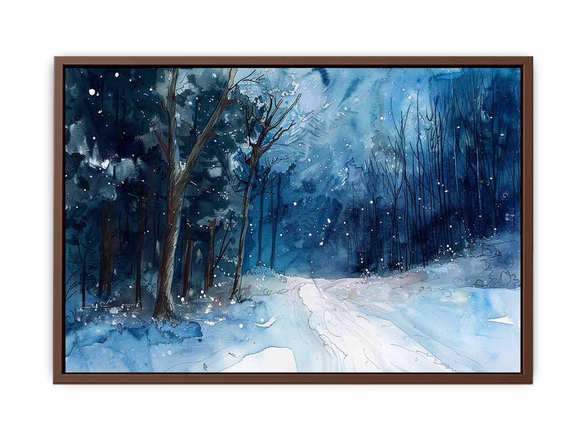 Dark blue snowy forest path watercolor canvas art for moody winter room decor.