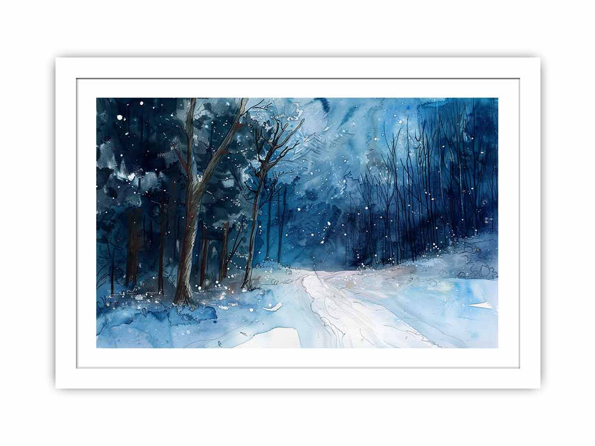 Dark blue snowy forest path watercolor canvas art for moody winter room decor.