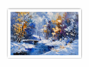 Blue winter creek painting canvas art with snowy trees for colorful living room decor.