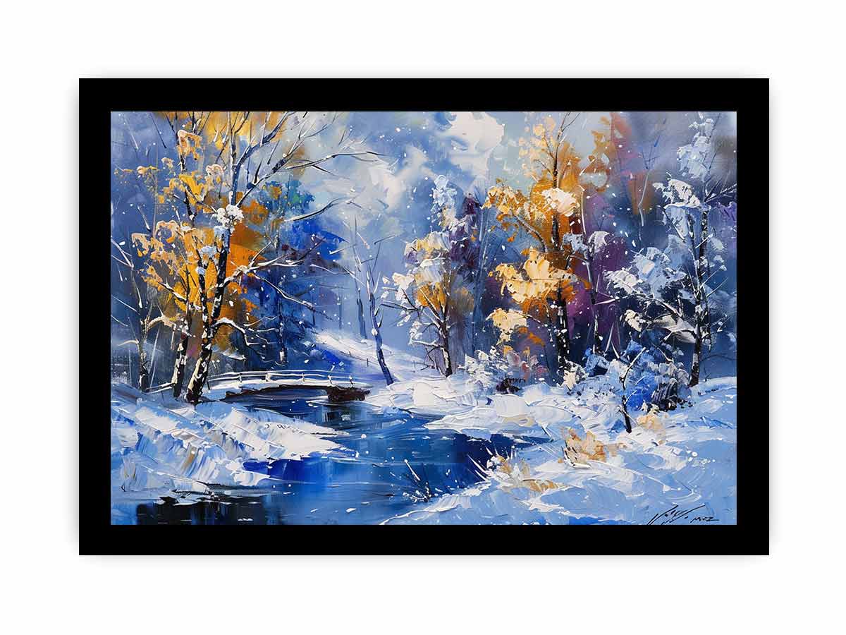 Blue winter creek painting canvas art with snowy trees for colorful living room decor.