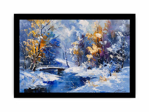 Blue winter creek painting canvas art with snowy trees for colorful living room decor.