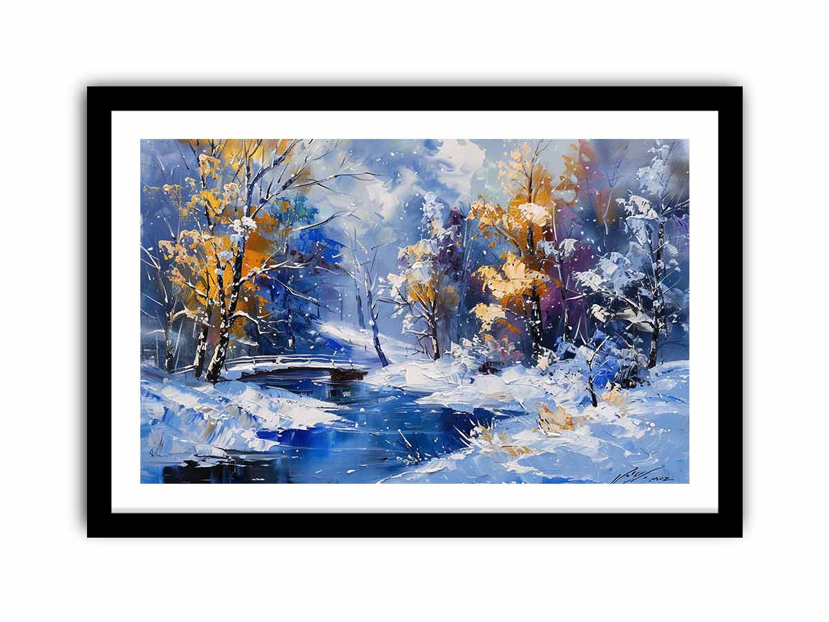 Blue winter creek painting canvas art with snowy trees for colorful living room decor.