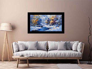 Blue winter creek painting canvas art with snowy trees for colorful living room decor.