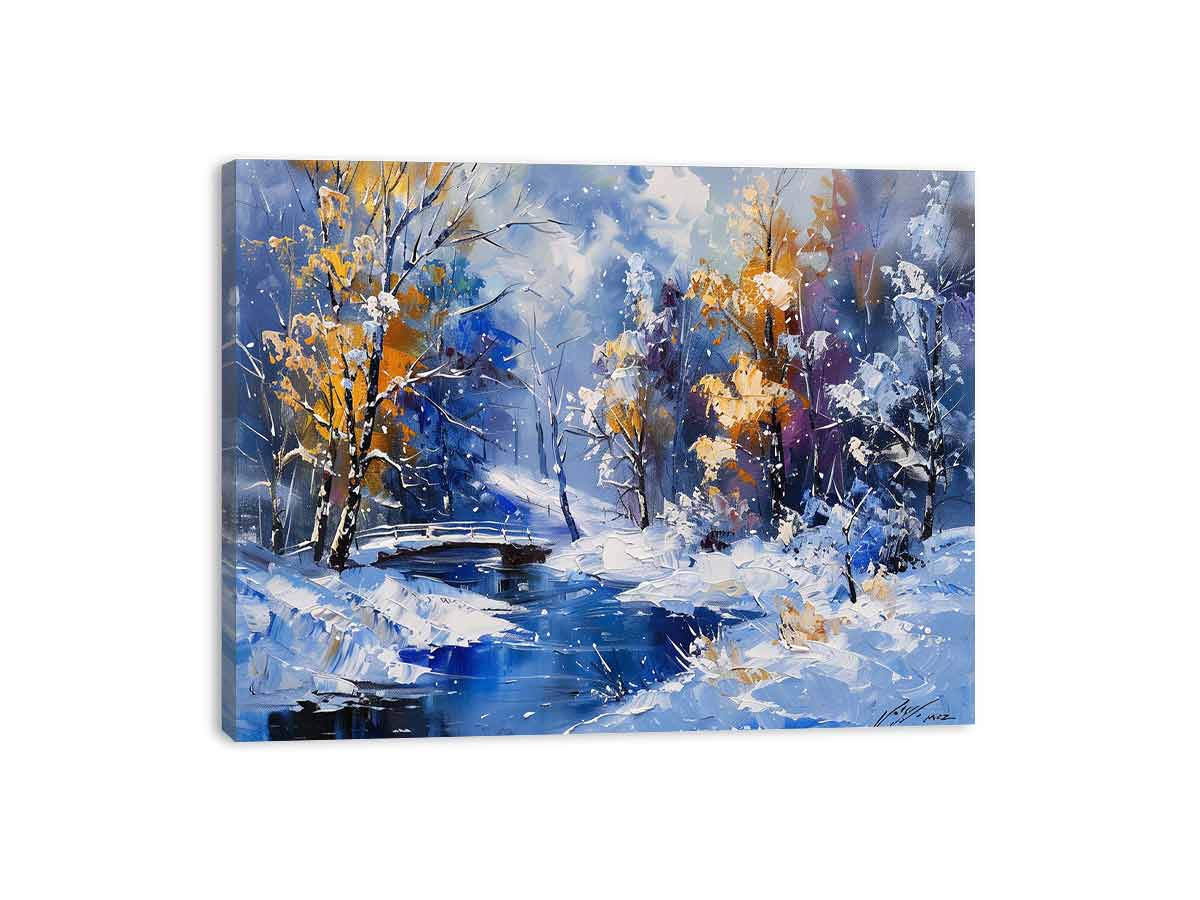 Blue winter creek painting canvas art with snowy trees for colorful living room decor.