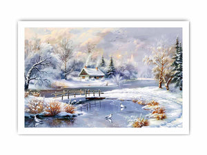 Cozy snowy cottage landscape canvas art for classic winter living room decor.