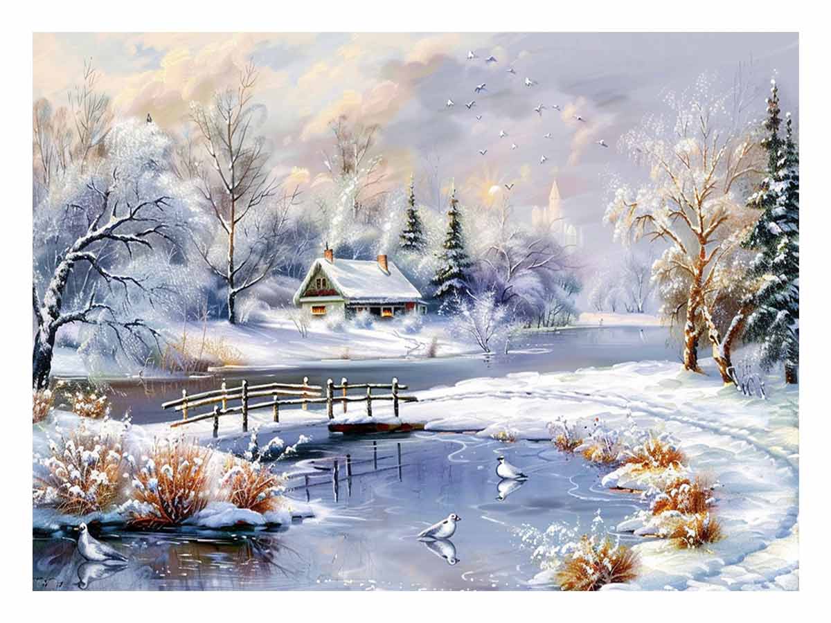 Cozy snowy cottage landscape canvas art for classic winter living room decor.