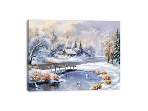 Cozy snowy cottage landscape canvas art for classic winter living room decor.