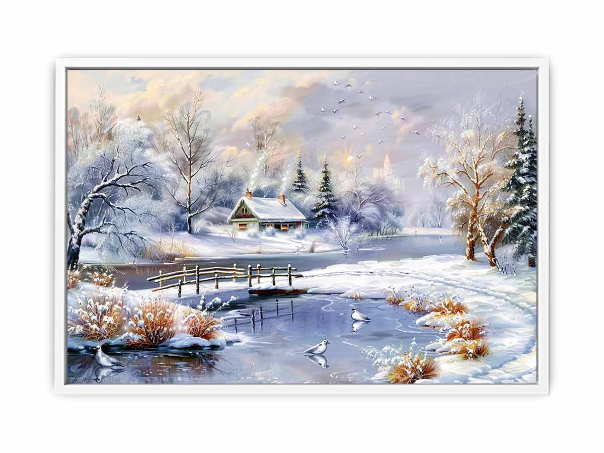 Cozy snowy cottage landscape canvas art for classic winter living room decor.
