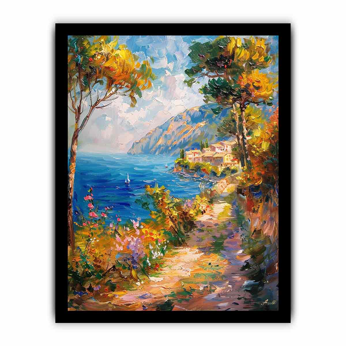 Mediterranean coastal pathway canvas art with flowers for bright vertical wall decor.