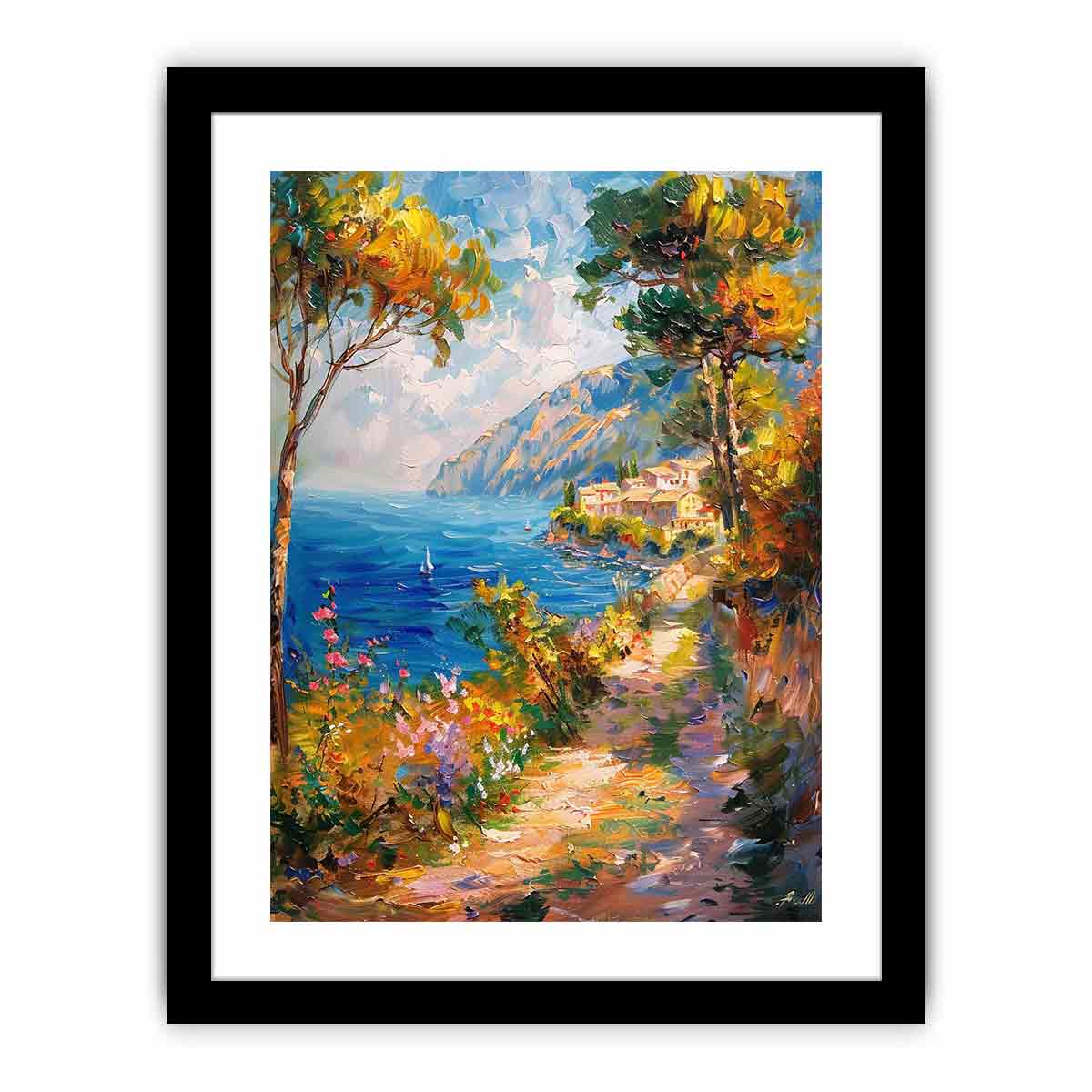 Mediterranean coastal pathway canvas art with flowers for bright vertical wall decor.