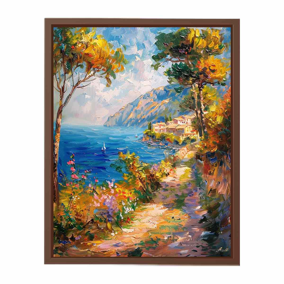 Mediterranean coastal pathway canvas art with flowers for bright vertical wall decor.