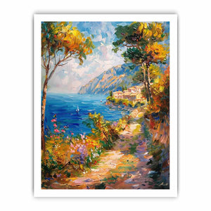 Mediterranean coastal pathway canvas art with flowers for bright vertical wall decor.