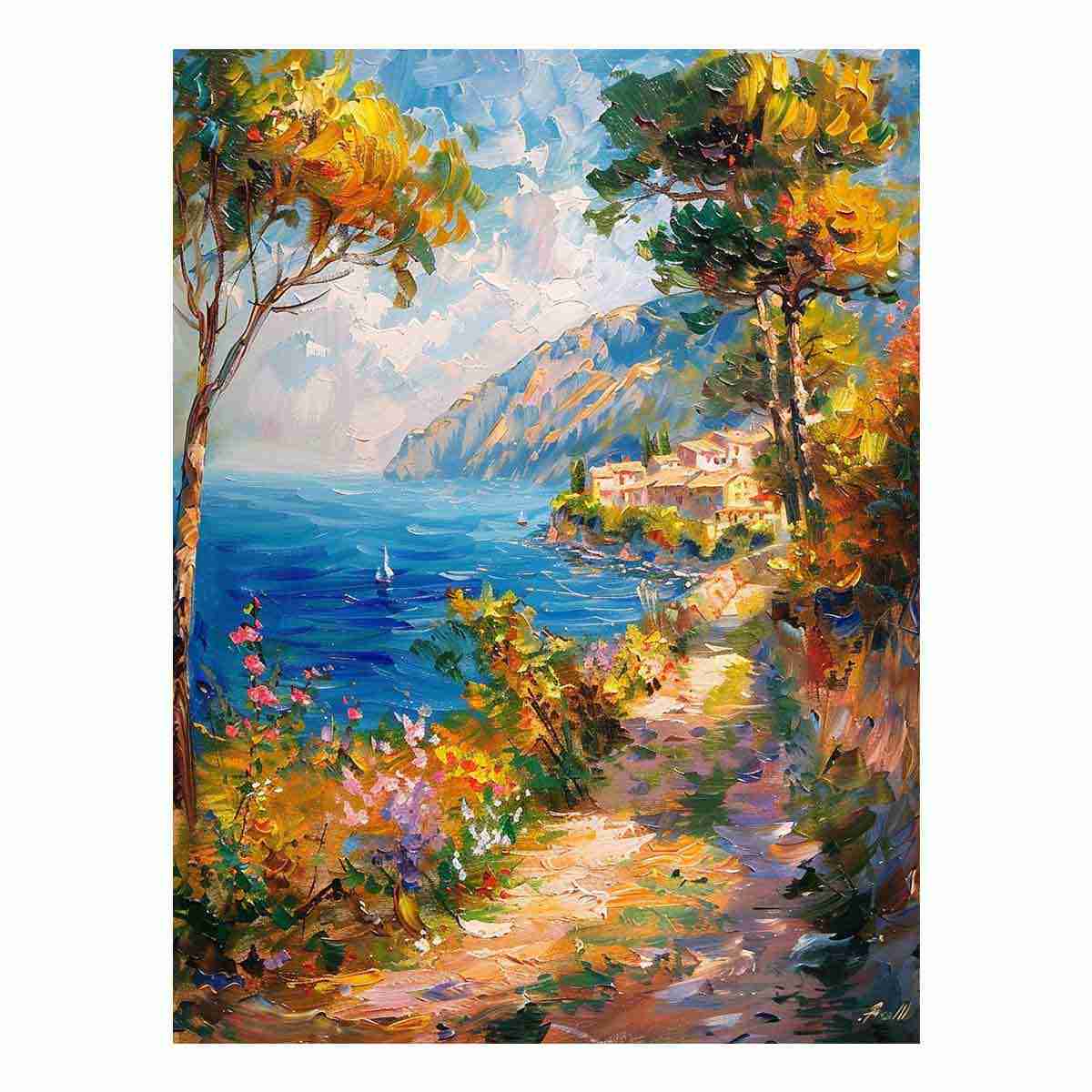 Mediterranean coastal pathway canvas art with flowers for bright vertical wall decor.