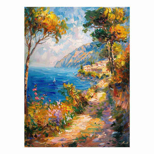 Mediterranean coastal pathway canvas art with flowers for bright vertical wall decor.