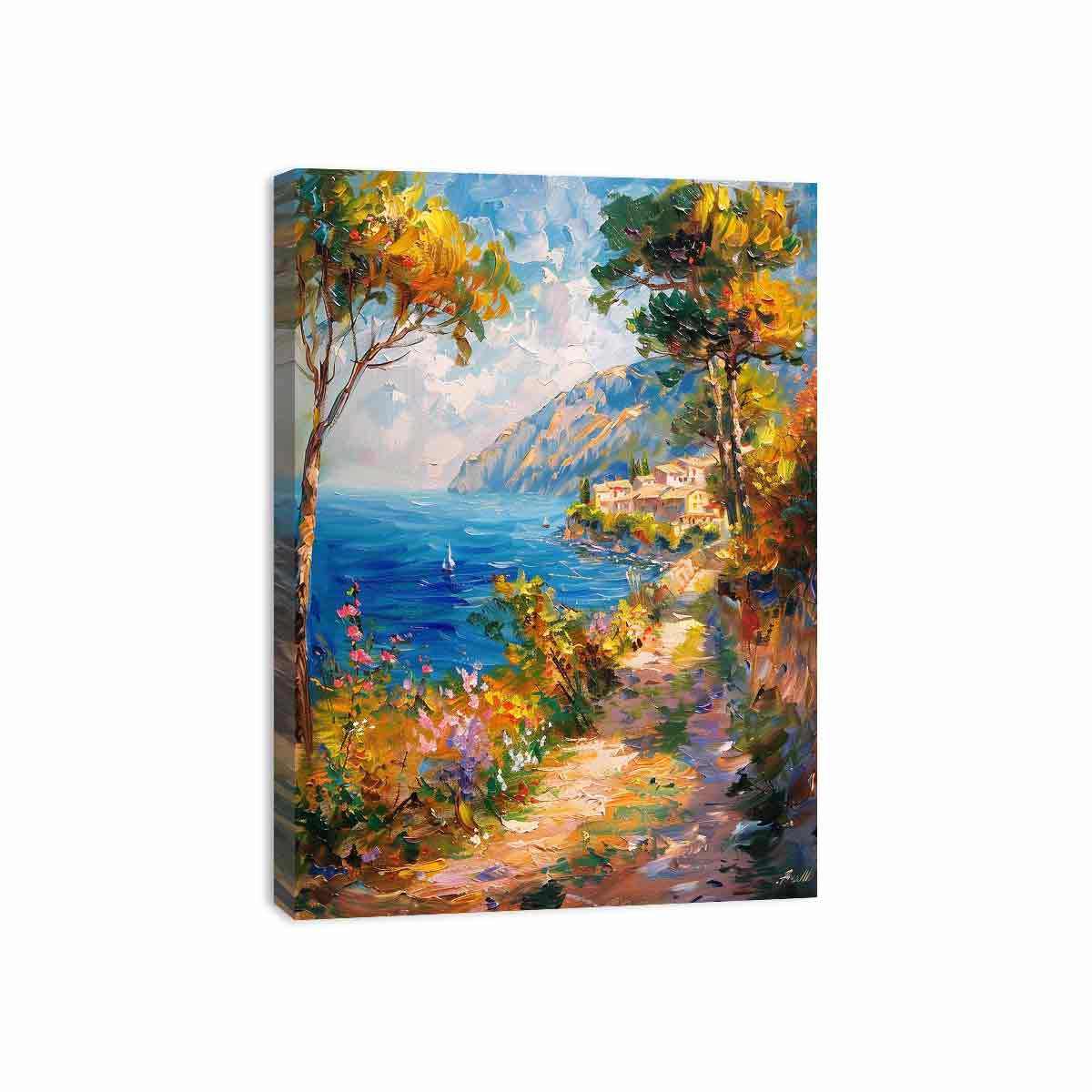 Mediterranean coastal pathway canvas art with flowers for bright vertical wall decor.