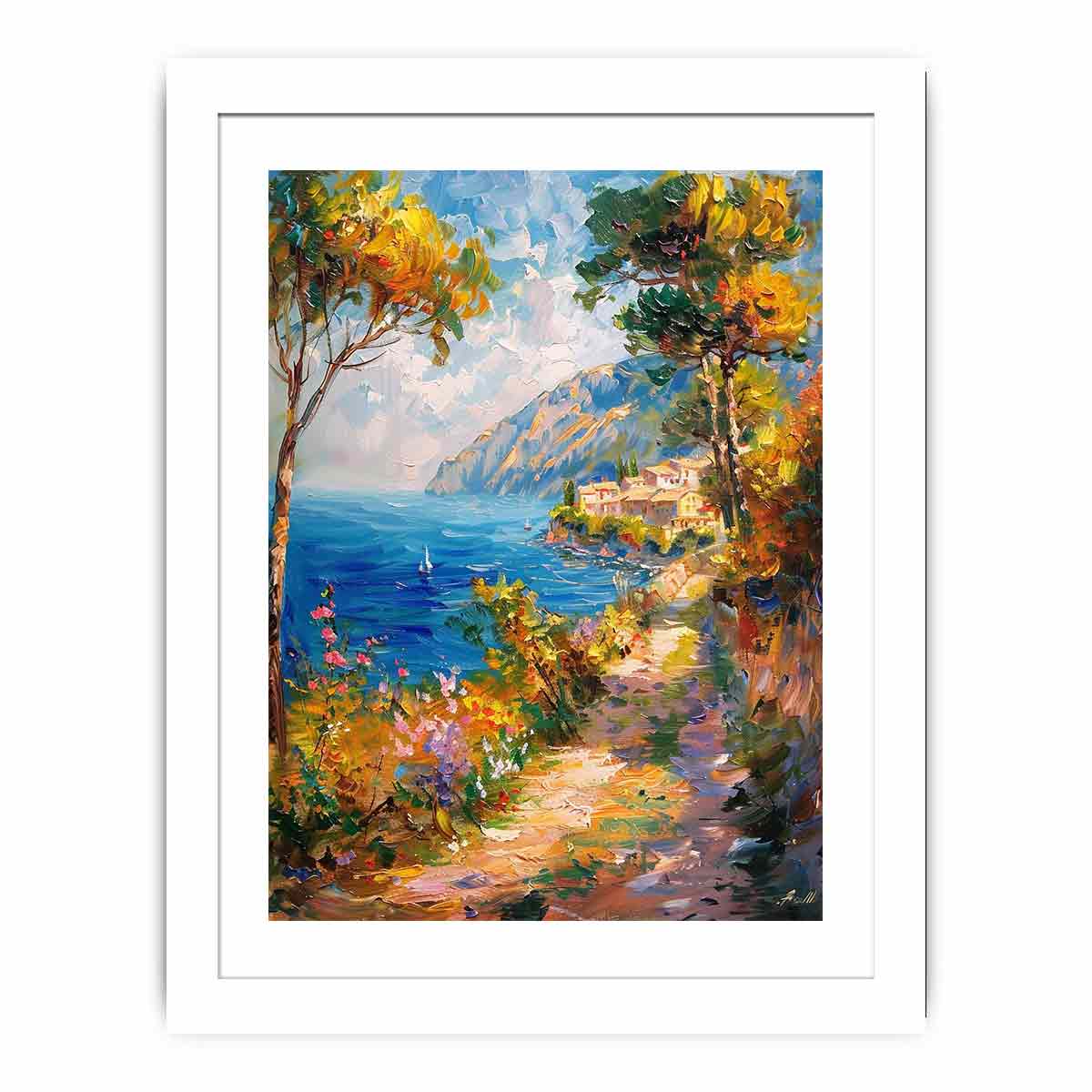 Mediterranean coastal pathway canvas art with flowers for bright vertical wall decor.
