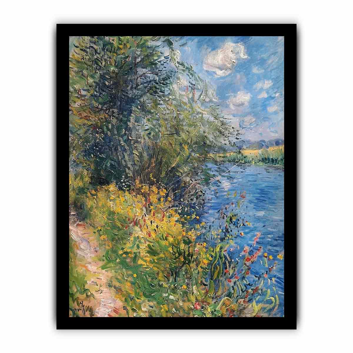 Impressionist riverside meadow canvas art with wildflowers for peaceful home decor.