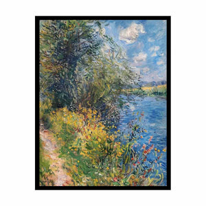 Impressionist riverside meadow canvas art with wildflowers for peaceful home decor.