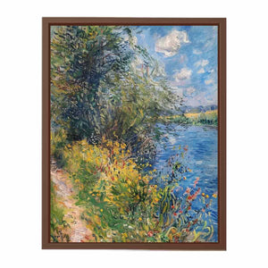 Impressionist riverside meadow canvas art with wildflowers for peaceful home decor.