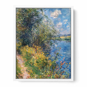 Impressionist riverside meadow canvas art with wildflowers for peaceful home decor.