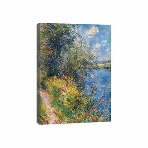 Impressionist riverside meadow canvas art with wildflowers for peaceful home decor.