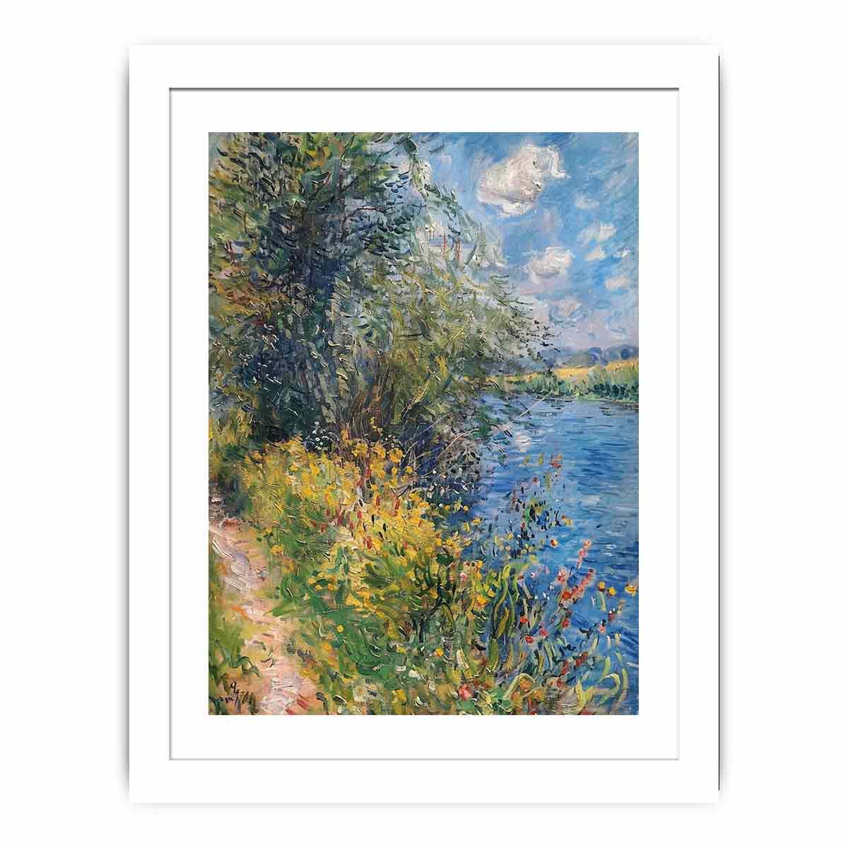 Impressionist riverside meadow canvas art with wildflowers for peaceful home decor.