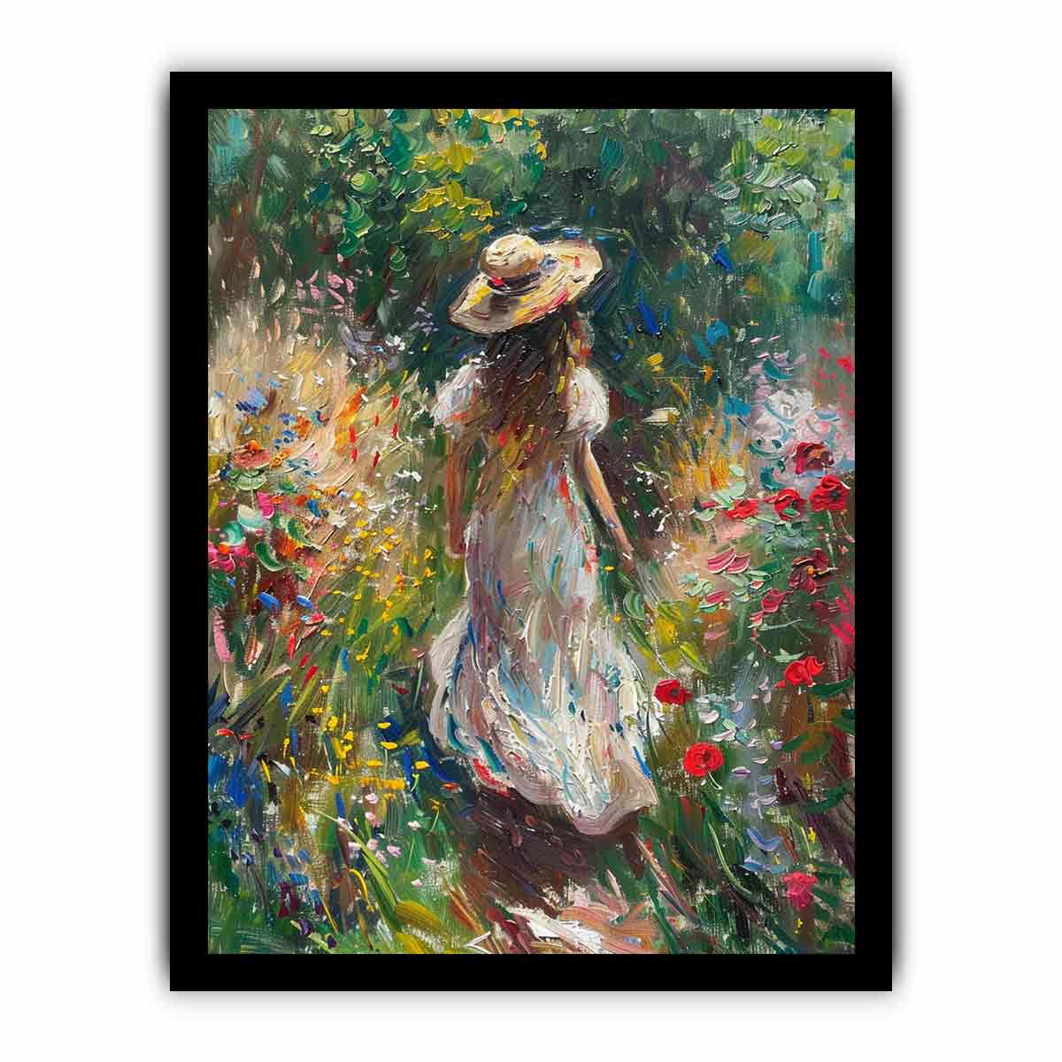 Woman walking through flower garden canvas art for romantic vertical bedroom decor.