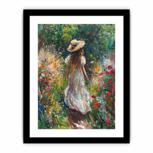 Woman walking through flower garden canvas art for romantic vertical bedroom decor.