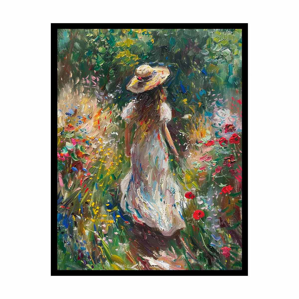 Woman walking through flower garden canvas art for romantic vertical bedroom decor.