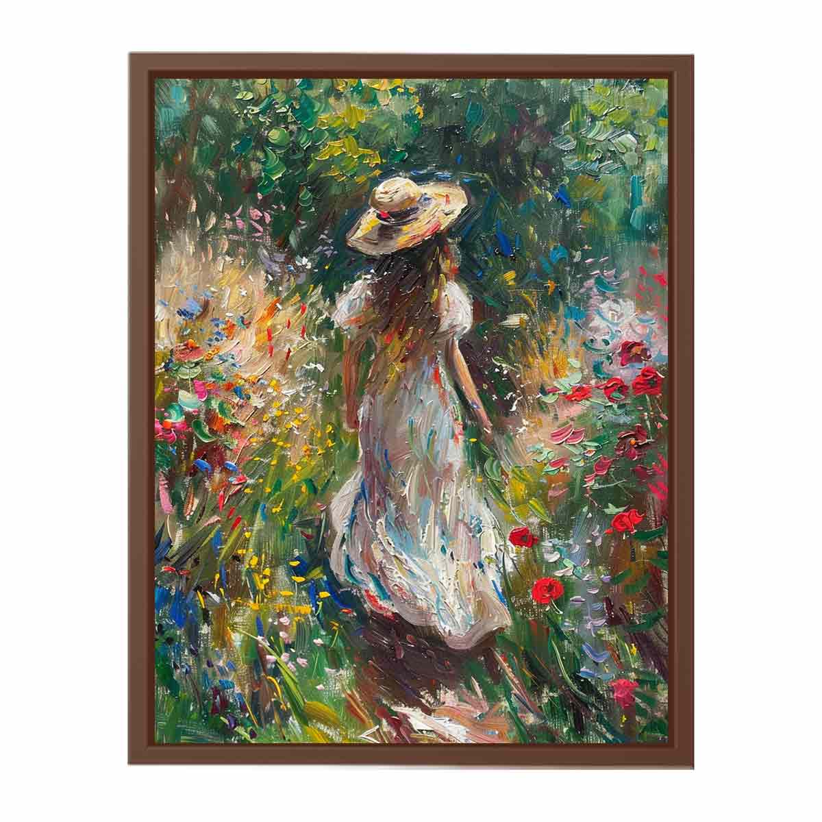 Woman walking through flower garden canvas art for romantic vertical bedroom decor.