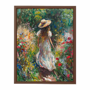 Woman walking through flower garden canvas art for romantic vertical bedroom decor.
