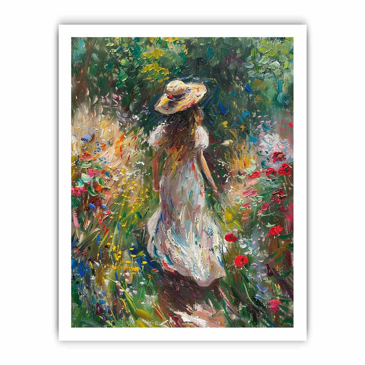 Woman walking through flower garden canvas art for romantic vertical bedroom decor.