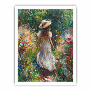 Woman walking through flower garden canvas art for romantic vertical bedroom decor.