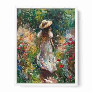 Woman walking through flower garden canvas art for romantic vertical bedroom decor.