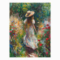 Woman walking through flower garden canvas art for romantic vertical bedroom decor.