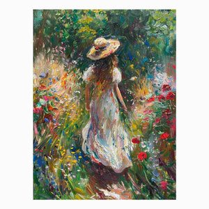 Woman walking through flower garden canvas art for romantic vertical bedroom decor.