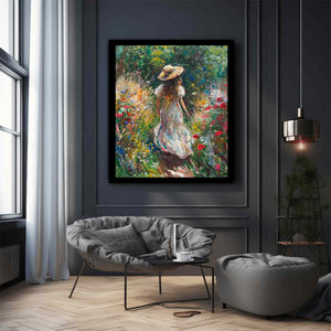 Woman walking through flower garden canvas art for romantic vertical bedroom decor.